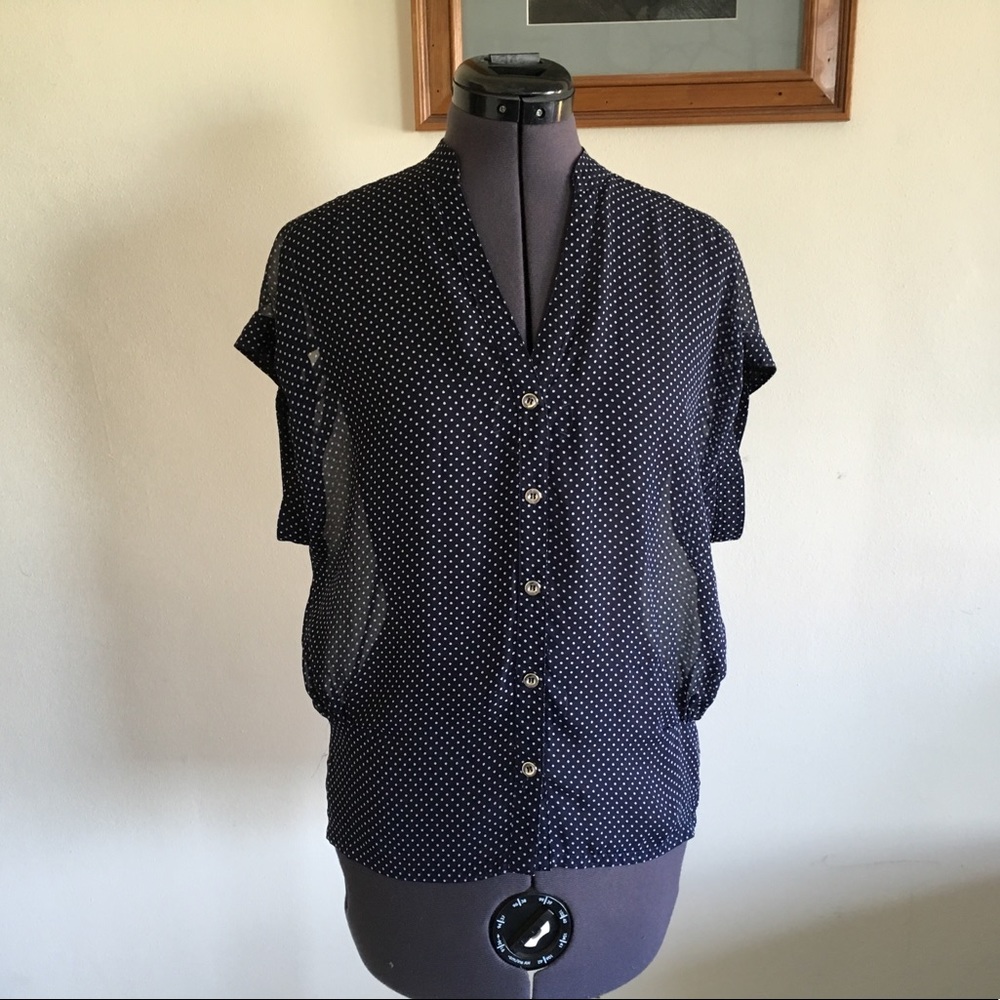 Topshop Navy Polka Dot Chiffon Top UK 6 US 0 2